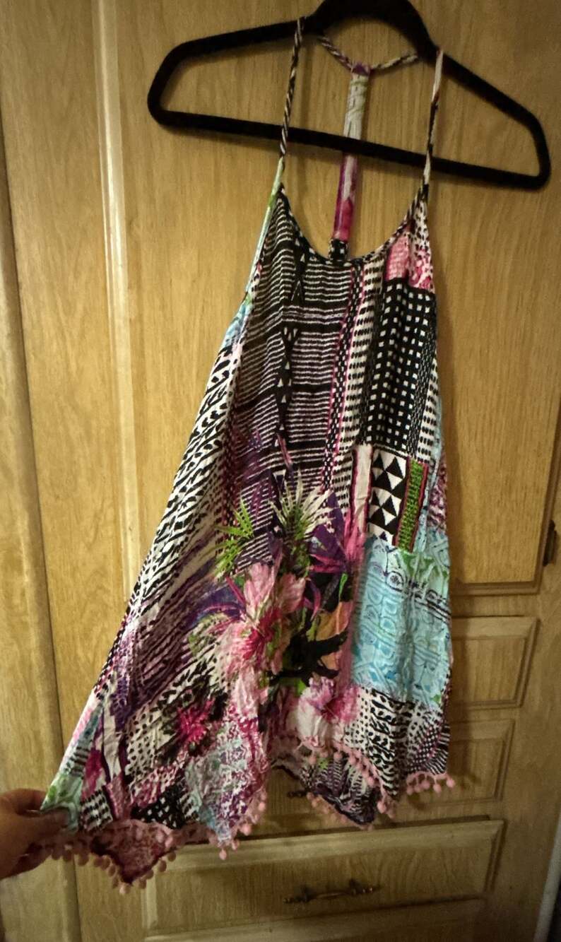 RR Hawaii Resort Multi-Print Halter top Size S/M Flowy Pom Pom Trim
